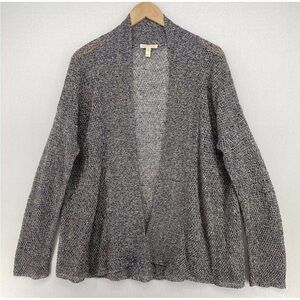 Eileen Fisher 100% organic linen blue and cream knit open front cardigan size L